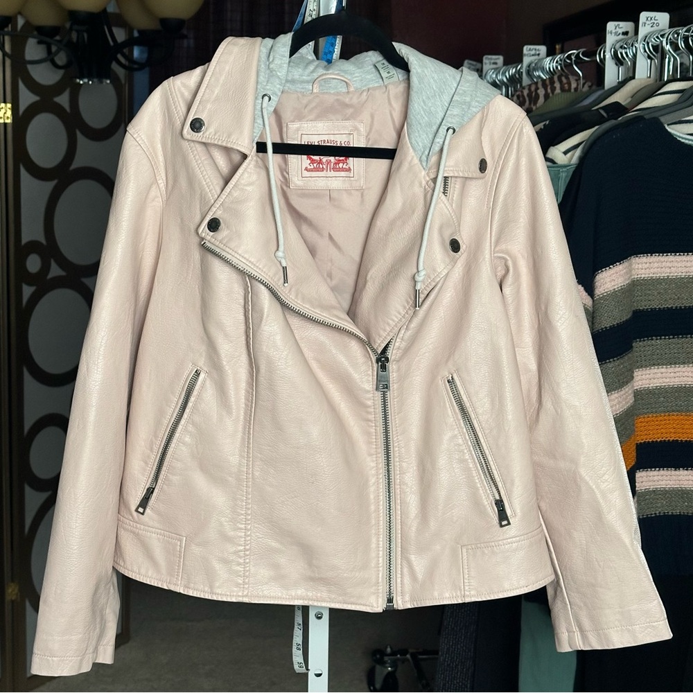 Levi’s Blush Pink Moto Jacket Faux Leather w/ Hoodie Plus Size 1X